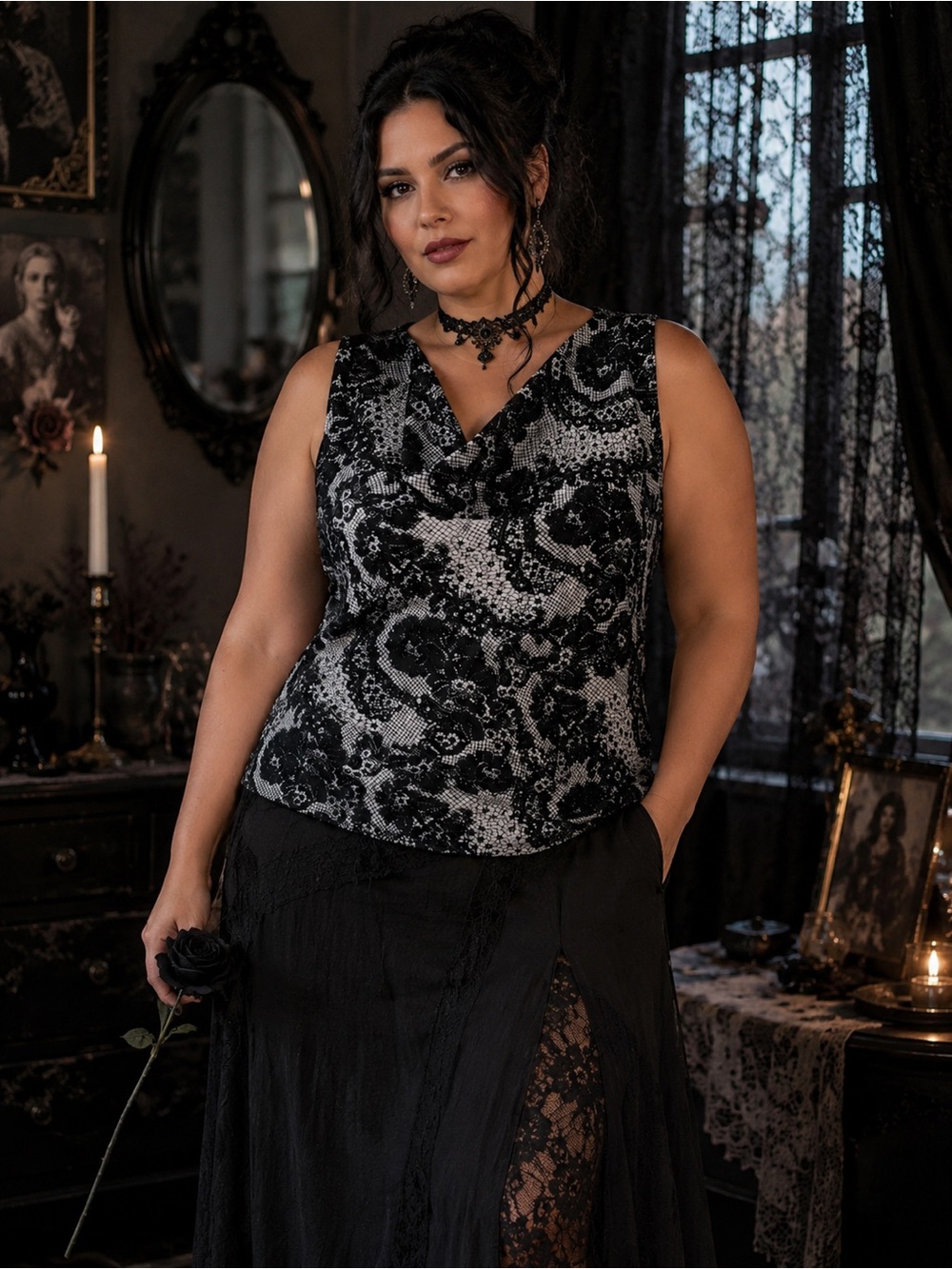 B.I.Y.A.C.D.A  Black White Lace Print Drape Neck Romantic Gothic Blouse Size M